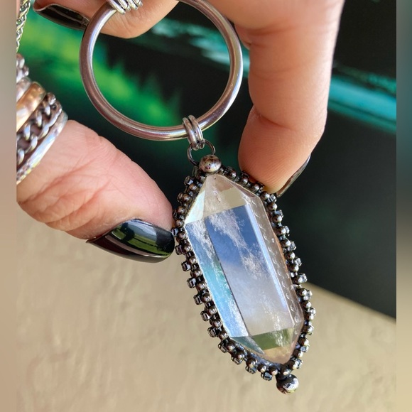 Double chain big Natural Crystal quartz black electroplated boho goth necklace - Picture 5 of 15